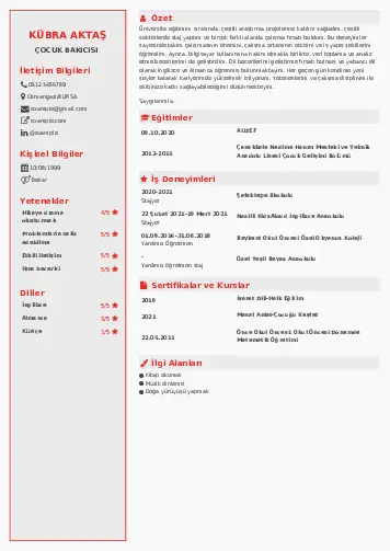 Çocuk Bakıcısı CV Örnekleri cv indir